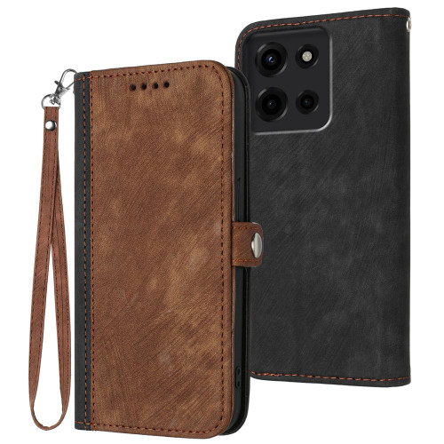 Moto G 2025 Side Buckle Double Fold Hand Strap Leather Phone Case - Brown